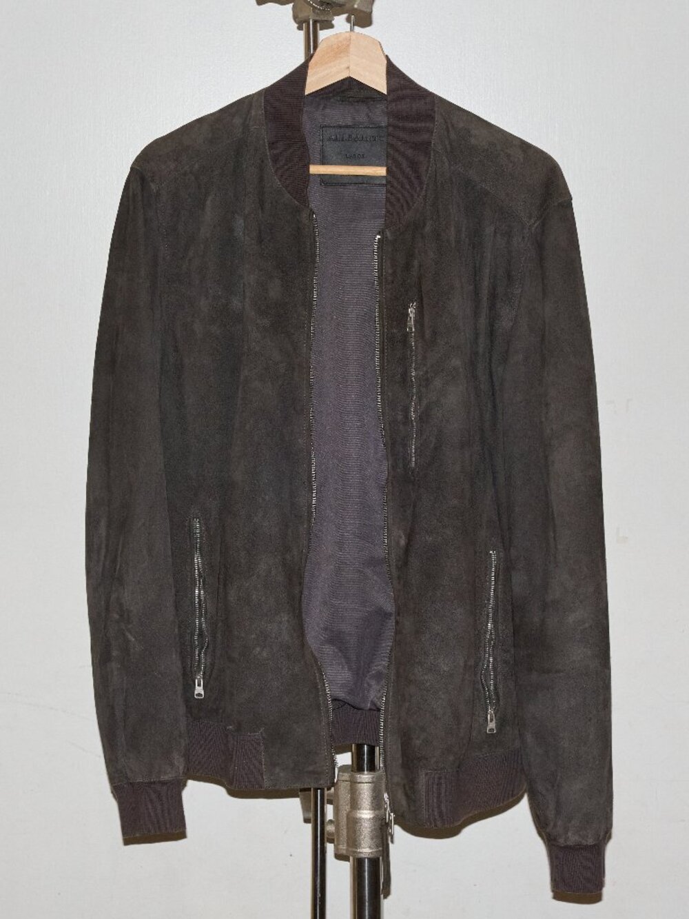 AllSaints Kemble Suede Bomber Jacket Slatestone Grey Men’s Size L Goat Suede